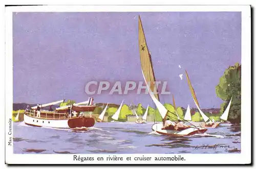 Ansichtskarte AK Fantaisie Illustrateur Haffner Bateau Regates en riviere et cruiser automobile