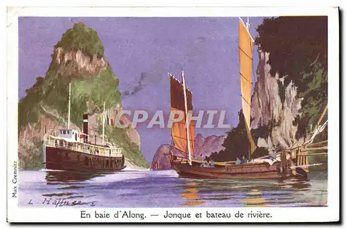 Ansichtskarte AK Fantaisie Illustrateur Haffner Bateau En baie d&#39Along Jonque et bateau de riviere