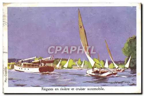 Ansichtskarte AK Fantaisie Illustrateur Haffner Bateau Regates en riviere et cruiser automobile