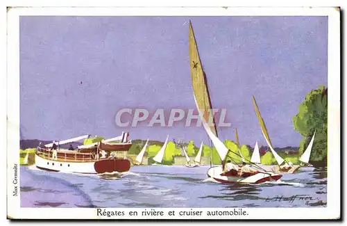 Ansichtskarte AK Fantaisie Illustrateur Haffner Bateau Regates en riviere et cruiser automobile
