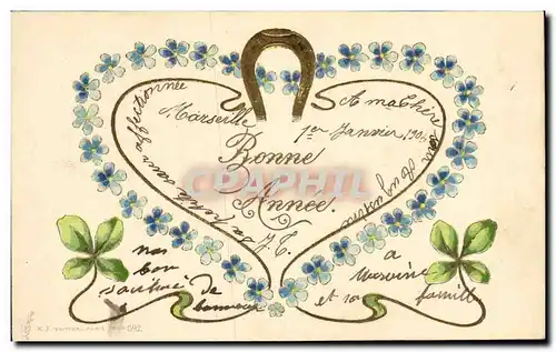 Cartes postales Fantaisie Fleurs Fer a cheval Trefles