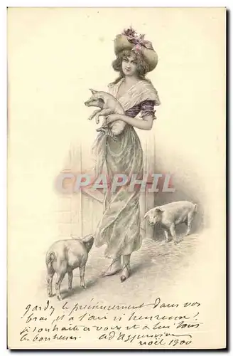 Cartes postales Fantaisie Femme Illustrateur Cochon Porc