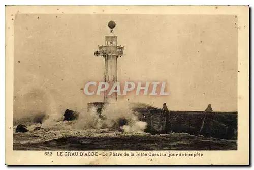 Cartes postales Phare de la jetee Ouest un jour de tempete Le Grau d&#39Agde
