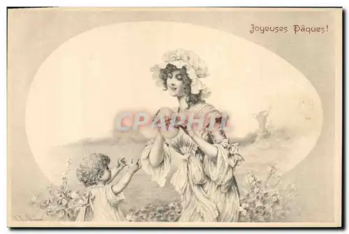 Cartes postales Fantaisie Femme Enfant Paques