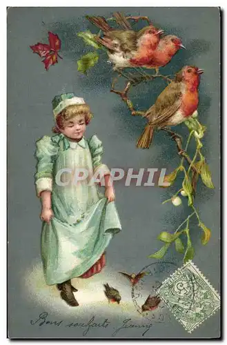 Cartes postales Fantaisie Fleurs Enfant Oiseaux