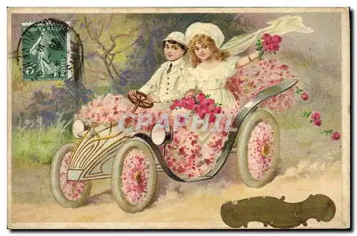 Ansichtskarte AK Fantaisie Fleurs Enfants Automobile