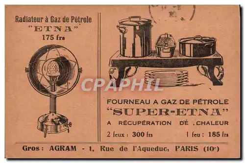 Cartes postales Publicite Fourneau a gaz Super Etna Agram Rue de l&#39Aqueduc Paris 10eme