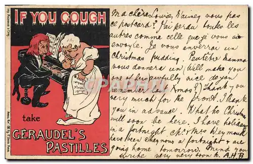 Cartes postales Publicite If you cough take Geraudel&#39s Pastilles Femme Piano TOP