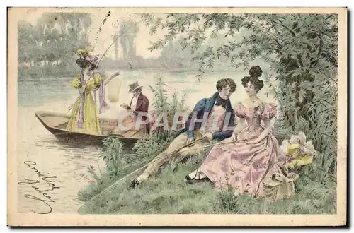 Cartes postales Fantaisie Illustrateur Femme Barque Peche