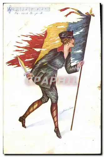 Cartes postales Fantaisie Illustrateur Xavier Sager Femme Drapeau Belgique
