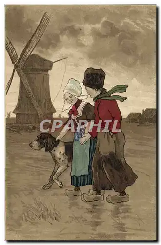 Ansichtskarte AK Fantaisie Illustrateur Enfant Chien Folklore Moulin a vent