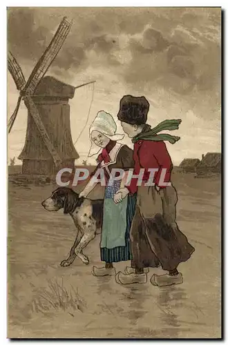 Cartes postales Fantaisie Illustrateur Enfant Chien Folklore Moulin a vent