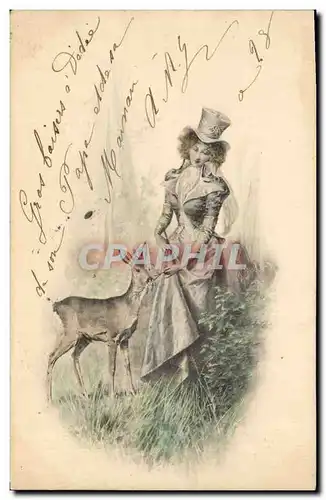 Cartes postales Fantaisie Illustrateur Femme Biche