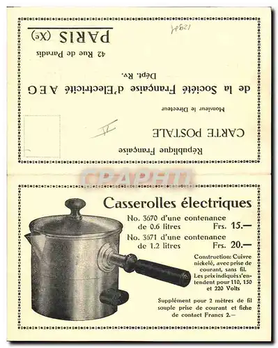 Cartes postales Publicite Casserolles electriques