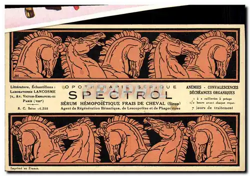 Cartes postales Publicite Opotherapie Serique Spectrol Serum hemopoietique frais de cheval Laboratoires Lancosme