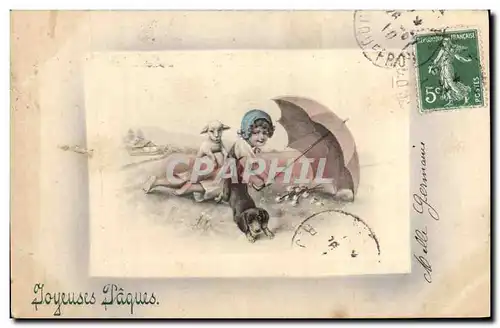 Cartes postales Fantaisie Illustrateur Enfant Chien Agneau Paques