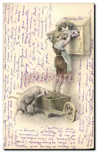 Cartes postales Fantaisie Illustrateur Enfant Cochon Porc Boite aux lettres