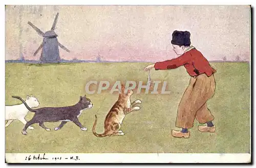 Ansichtskarte AK Fantaisie Illustrateur Enfant Moulin a vent Chat Chats Chaton