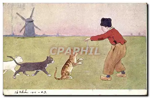 Cartes postales Fantaisie Illustrateur Enfant Moulin a vent Chat Chats Chaton