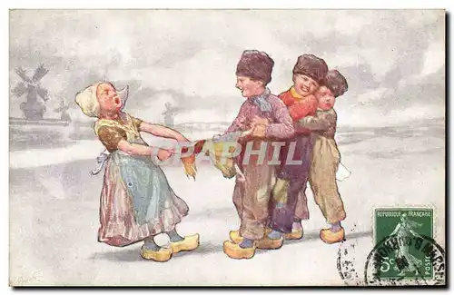 Cartes postales Fantaisie Illustrateur Enfants Moulin a vent