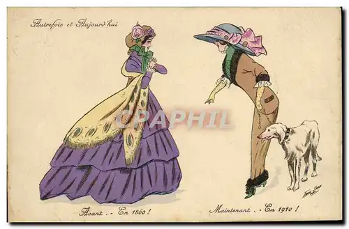 Ansichtskarte AK Fantaisie Illustrateur Xavier Sager Femmes Autrefois et aujourd&#39hui En 1860 En 1910 Chien Mod
