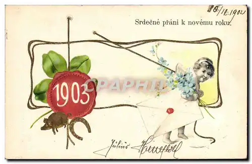 Cartes postales Fantaisie Fleurs Enfant Annee 1903 Trefle Cochon Porc Fer a cheval