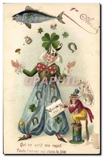 Cartes postales Fantaisie Fleurs Homme Poisson Singe Trefles Fer a cheval 1er avril