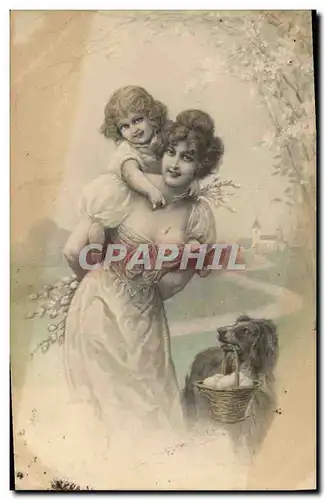 Cartes postales Fantaisie Illustrateur Femme Enfant chien