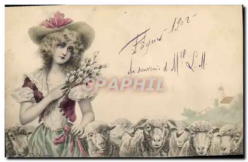 Ansichtskarte AK Fantaisie Illustrateur Femme Moutons