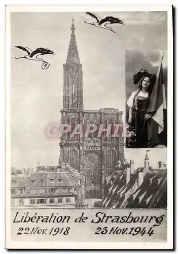 Moderne Karte Militaria Liberation de Strasbourg 22 nov 1918 23 nov 1944 Cigogne Femme Drapeau