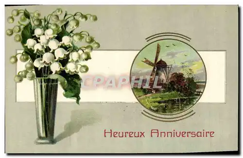 Cartes postales Fantaisie Fleurs Muguet Moulin a vent