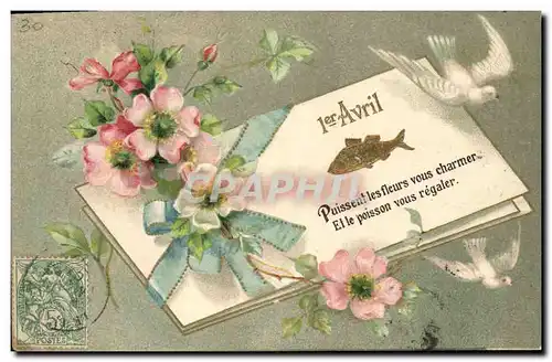 Cartes postales Fantaisie Fleurs Poisson Colombe 1er Avril