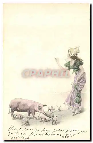 Ansichtskarte AK Illustrateur Fantaisie Femme Cochon Porc