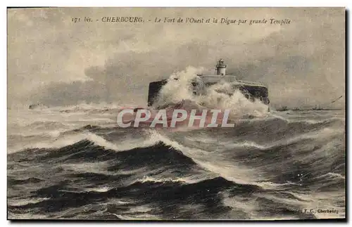 Ansichtskarte AK Phare Cherbourg Le Fort de L&#39Ouest de la Digue par grande tempete