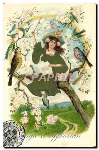 Ansichtskarte AK Fantaisie Fleurs Femme Oiseaux