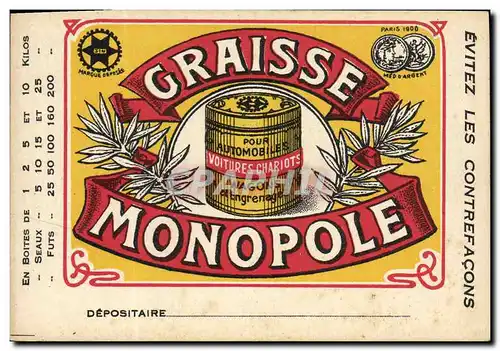 Cartes postales Publicite Graisse Monopole Automobiles Voitures Chariots