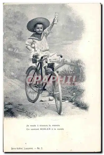 Cartes postales Publicite Enfant Je roule a travers le monde en vantant Kohler a la ronde Velo Cycle