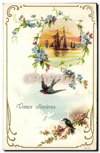 Cartes postales Fantaisie Fleurs Oiseaux Bateau