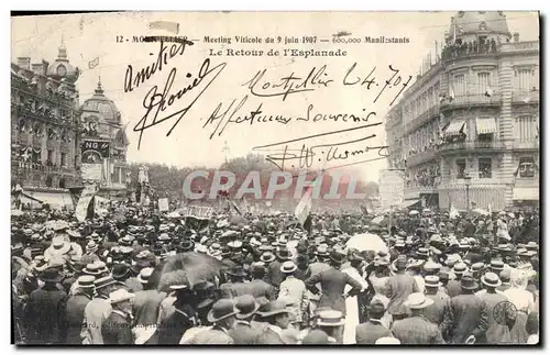 Cartes postales Vin Vendanges Montpellier Meeting viticole du 9 juin 1907 Le retour de l&#39esplanade TOP