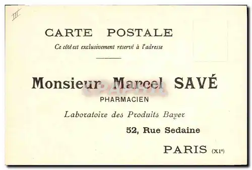 Cartes postales Publicite Marcel Save Pharmacien Produits Bayer Rue Sedaine Paris 11eme