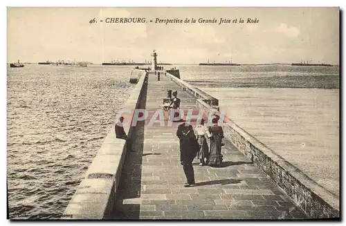 Cartes postales Phare Cherbourg Perspective de la grande jetee et la rade Bateaux