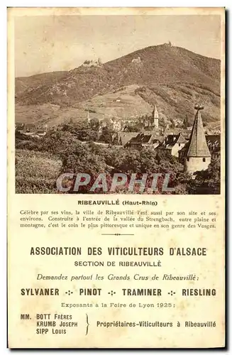 Ansichtskarte AK Publicite Ribeauville Association des Viticulteurs d&#39Alsace Sylvaner Pinot Traminer Riesling