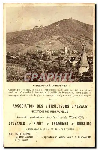 Cartes postales Publicite Ribeauville Association des Viticulteurs d&#39Alsace Sylvaner Pinot Traminer Riesling