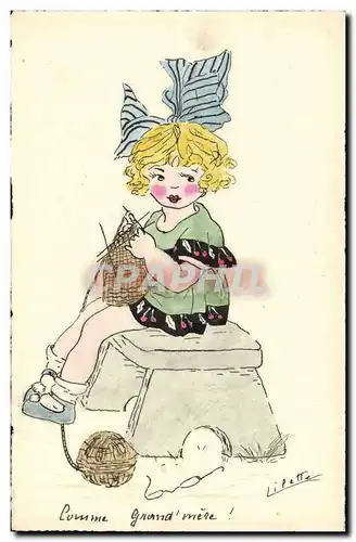 Cartes postales Fantaisie (dessin a la main) Enfant tricotant