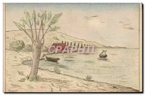 Ansichtskarte AK Fantaisie (dessin a la main) Paysage Arbre Bateau