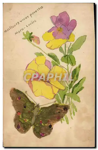 Ansichtskarte AK Fantaisie (dessin a la main) Fleurs Papillon