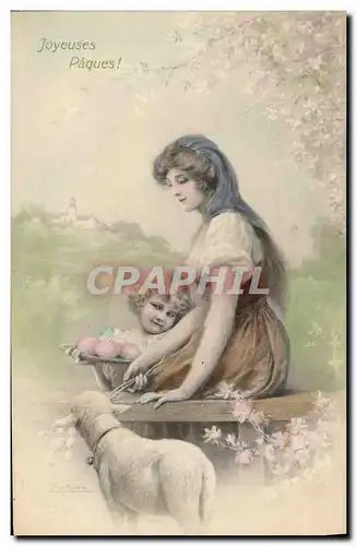 Cartes postales Fantaisie Femme Enfant Agneau Paques