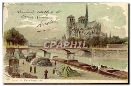 Cartes postales Carte transparente Paris Abside Notre Dame Peniches Bateaux