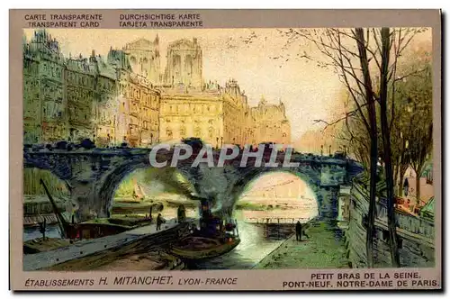 Cartes postales Carte transparente Paris Etablissements Mitanchet Petit bras de la Seine Pont Neuf Notre Dame de