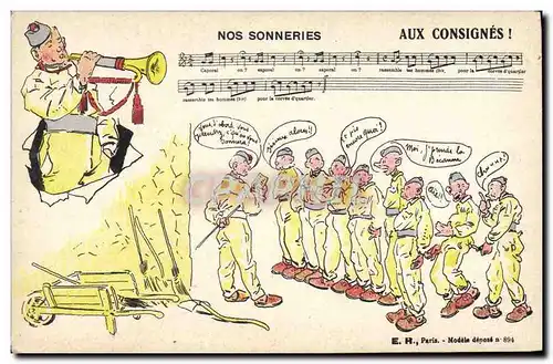 Cartes postales Brouette Militaria Nos sonneries Aux consignes Trompette